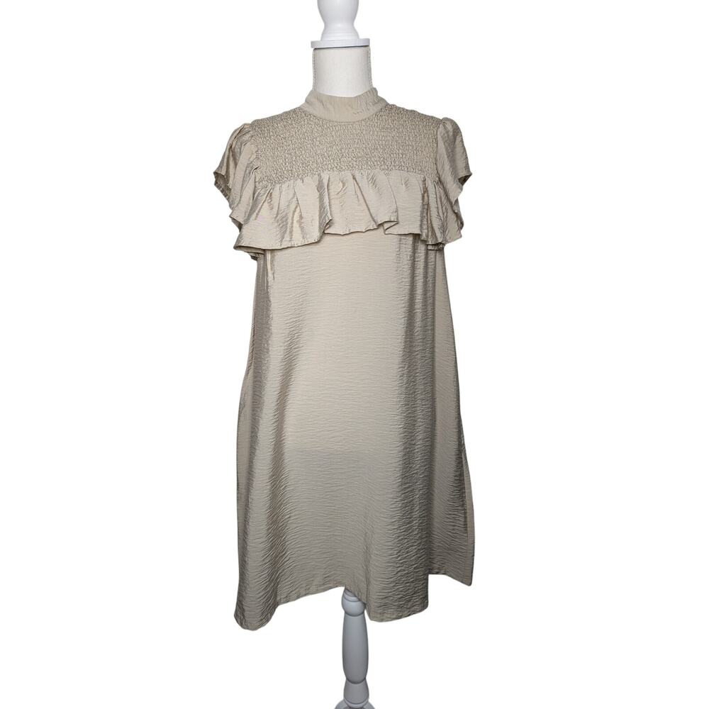 A New Day Midi Cream Dress With Ruffle Flutter Sleeve Mock Neck Size L